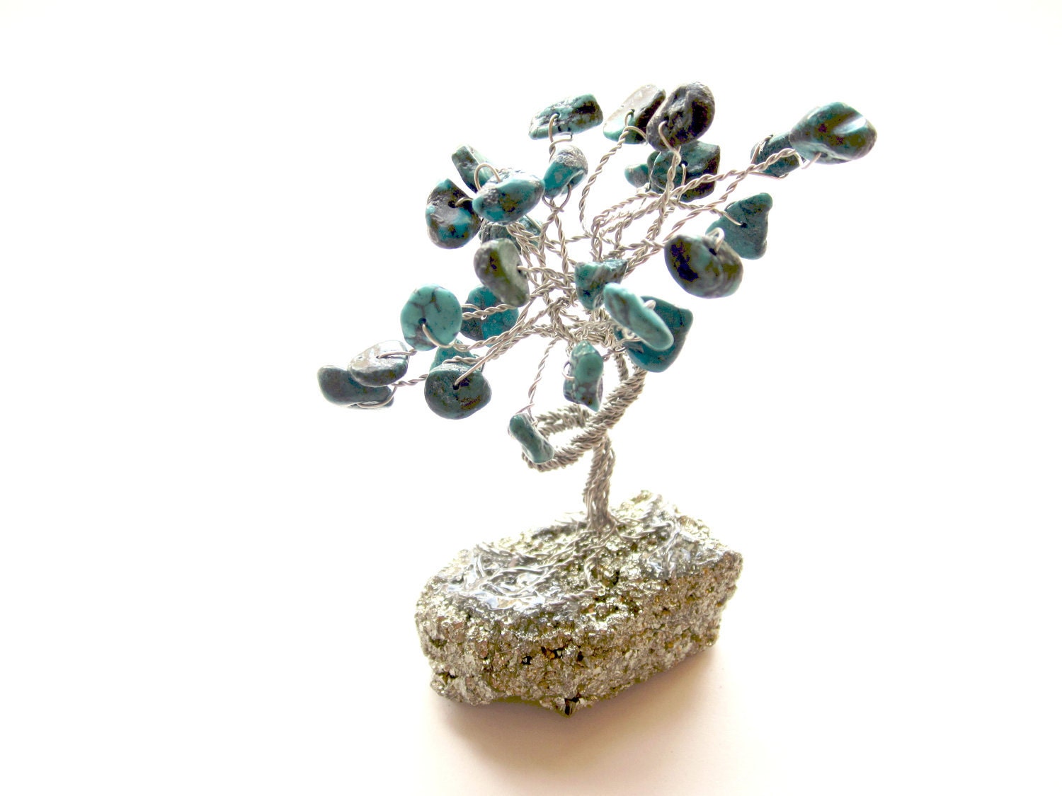 Miniature Turquoise Bonsai Gem Tree on Sparkling Iron Pyrite Base