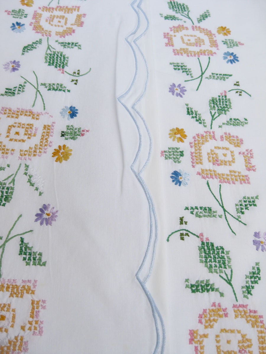 Vintage Cross Stitch Cotton Pillowcases - Yellow & Pink Embroidered Roses Scalloped Hem Daisies Embroidery Boho Country Cottage Pair Set Two