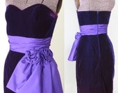 Glam Grape Purple Vintage Velvet Cocktail Party Dress - 80s 50s Prom Dress Strapless Trophy Bombshell Wiggle Pinup Movie Star Origami