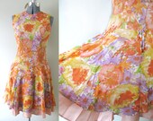 Vintage 60s Chiffon Summer Watercolor Dress - Mango Peach Orange Pastel Floral Drop Waist Sleeveless Party Dress D'Allairds XS S Small