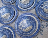 Antique Victorian Blue & White China Teacup Trios - Blue Willow Asian Oriental Transferware Porcelain -  Tea Party Cup Saucer Plate Trio Set