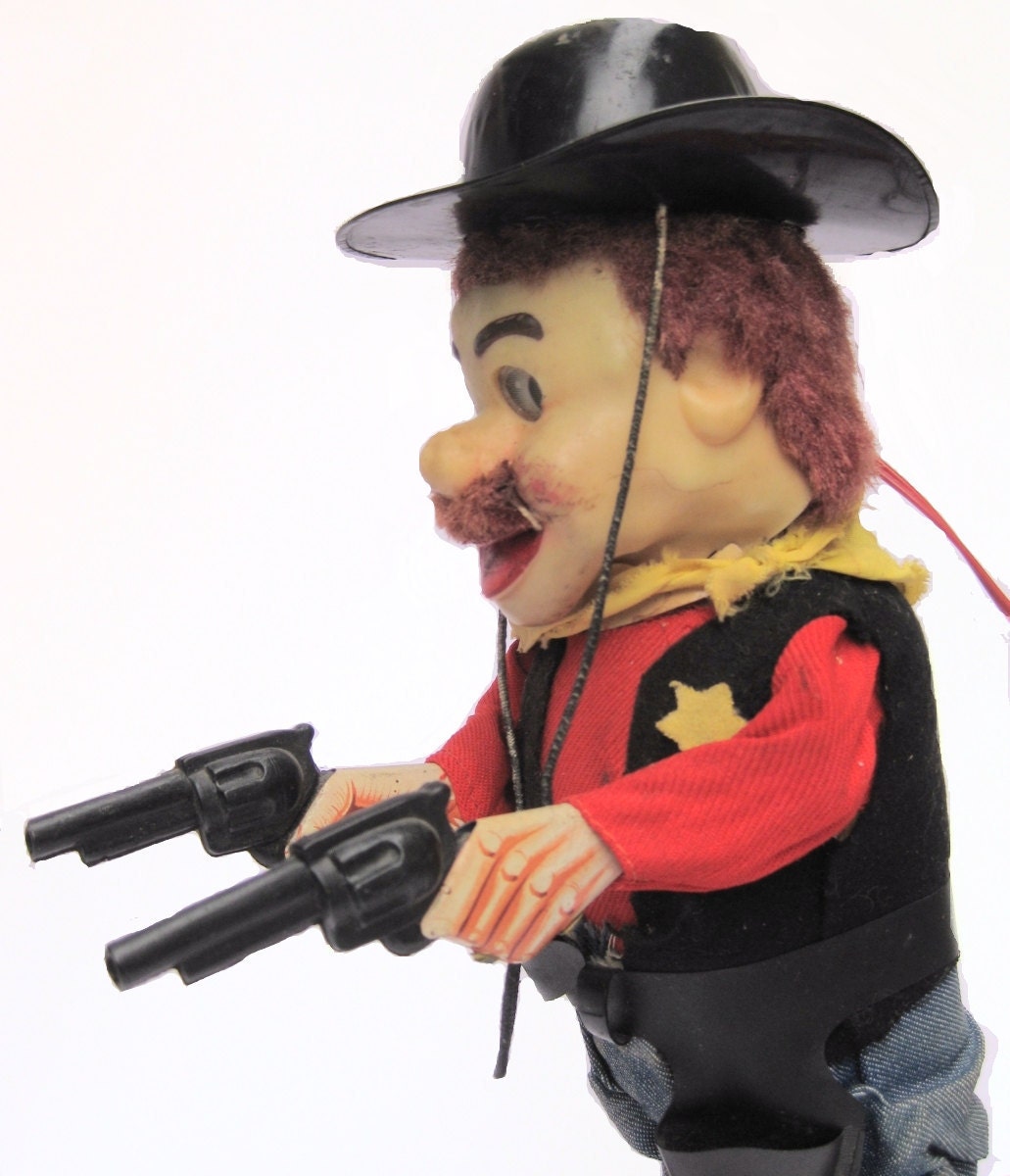 Vintage Cragstan Two Gun Sheriff Cowboy Toy - Tin Litho Battery Operated Man Character Doll Automaton - Funny Western Japanese Novelty