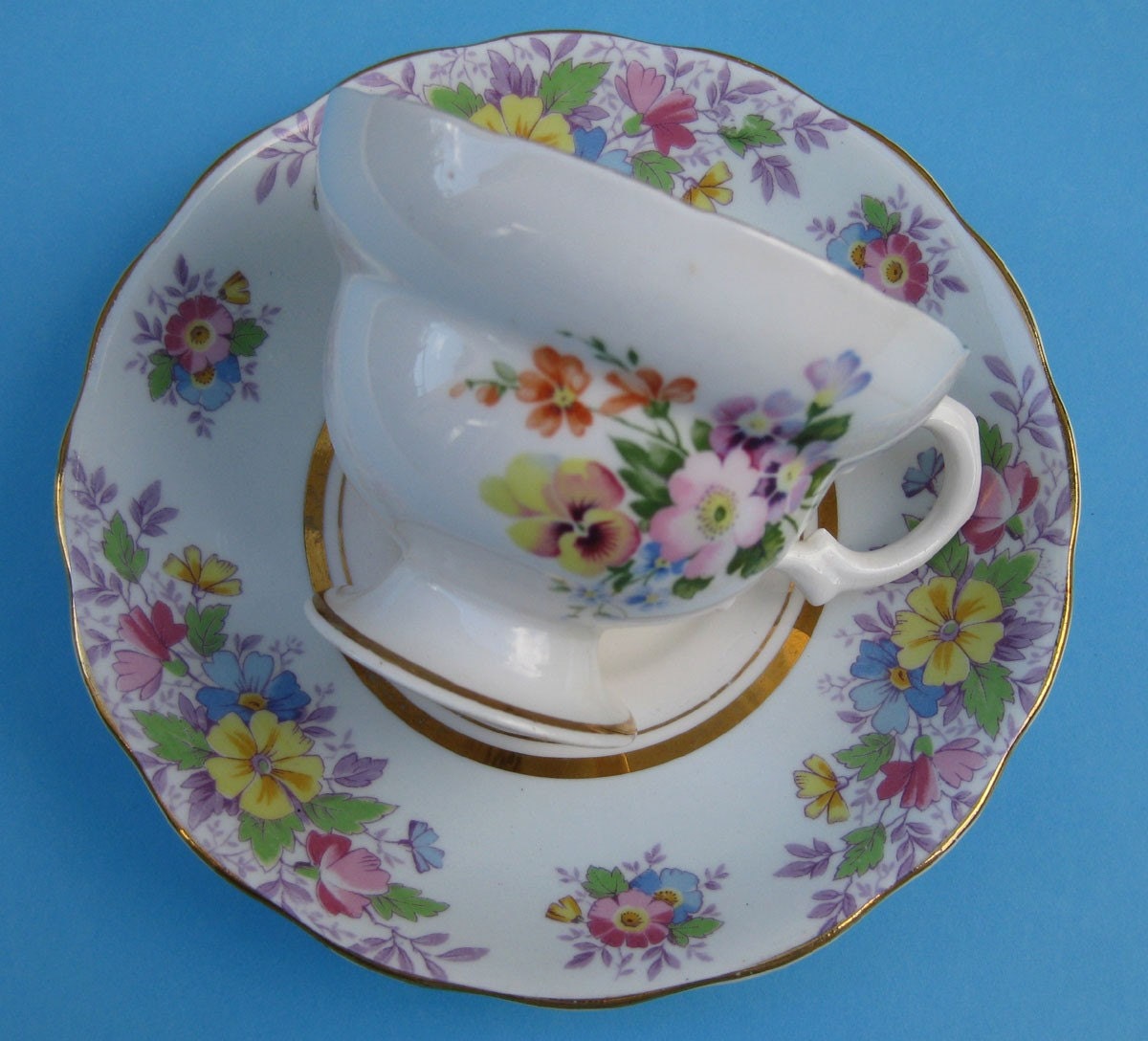 Vintage Teacup Mashup - Clare China/ Colclough Baby Blue Saucer - Wildflower Bouquet Tea Party Cup