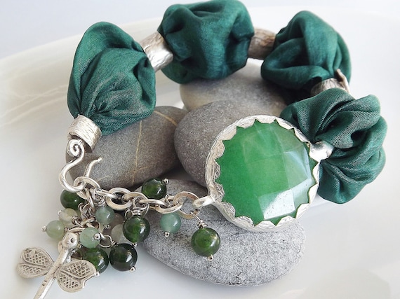 Green Turkish Silk Bracelet - Forest Green Jade / Dragonfly charm