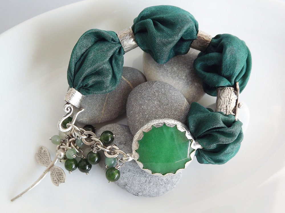Green Turkish Silk Bracelet - Forest Green Jade / Dragonfly charm