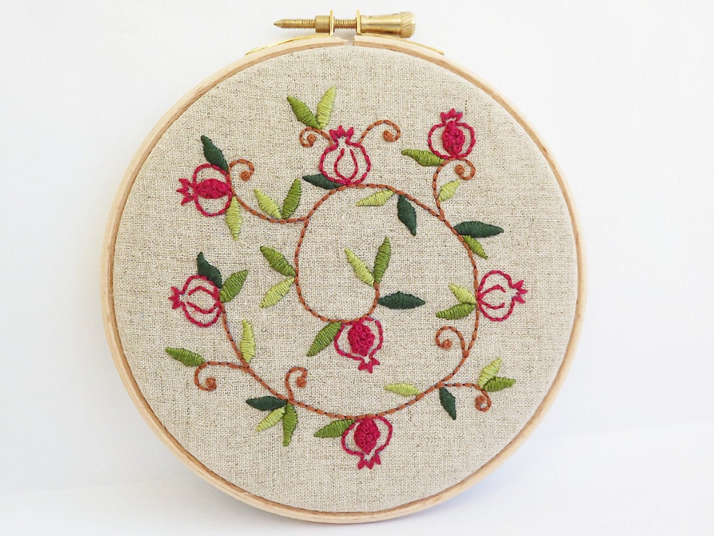 Embroidery Hoop Art - Whirling Whimsical Pomegranate Wall Hanging - Wall Art - Red - Green