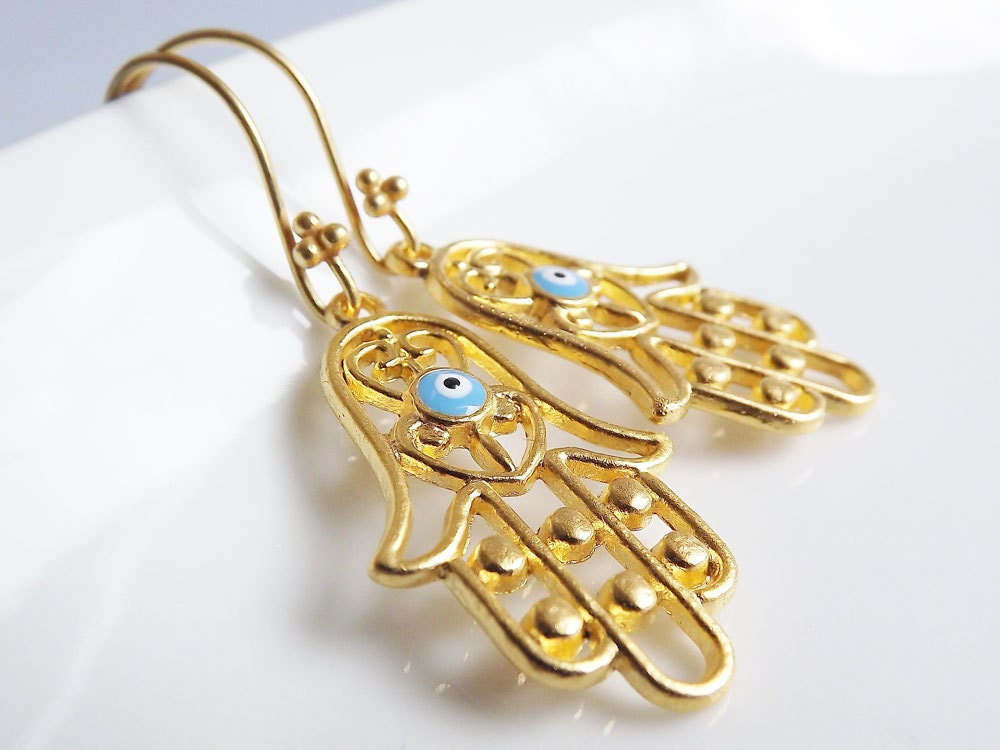 Hamsa - Hand of Fatima Dangly Earrings - Turquoise