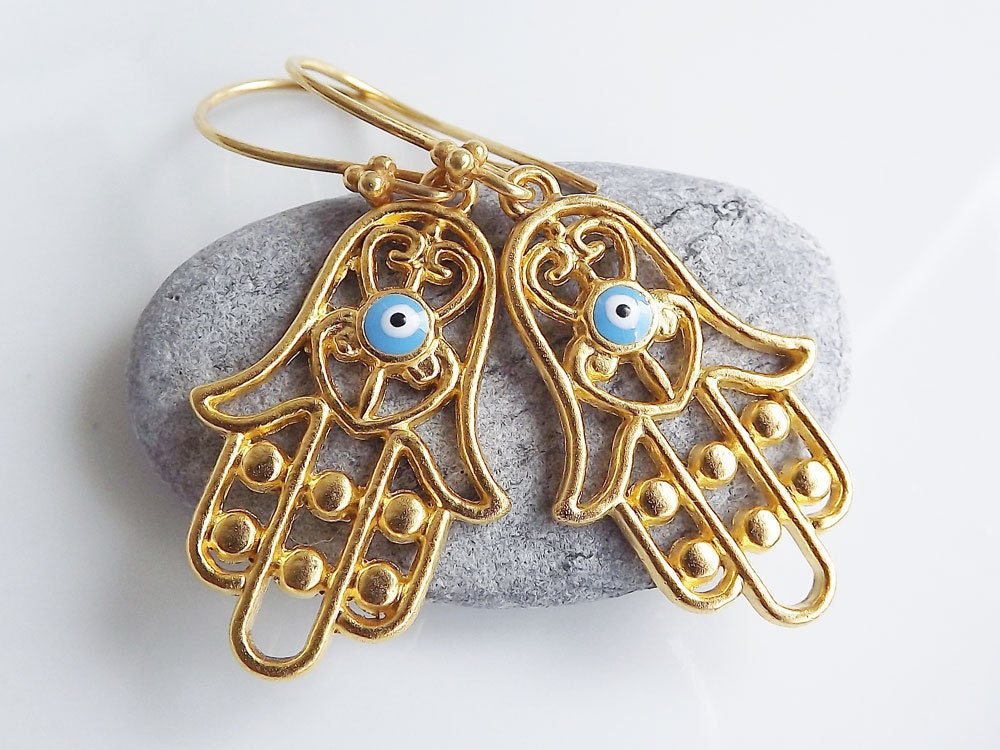 Hamsa - Hand of Fatima Dangly Earrings - Turquoise