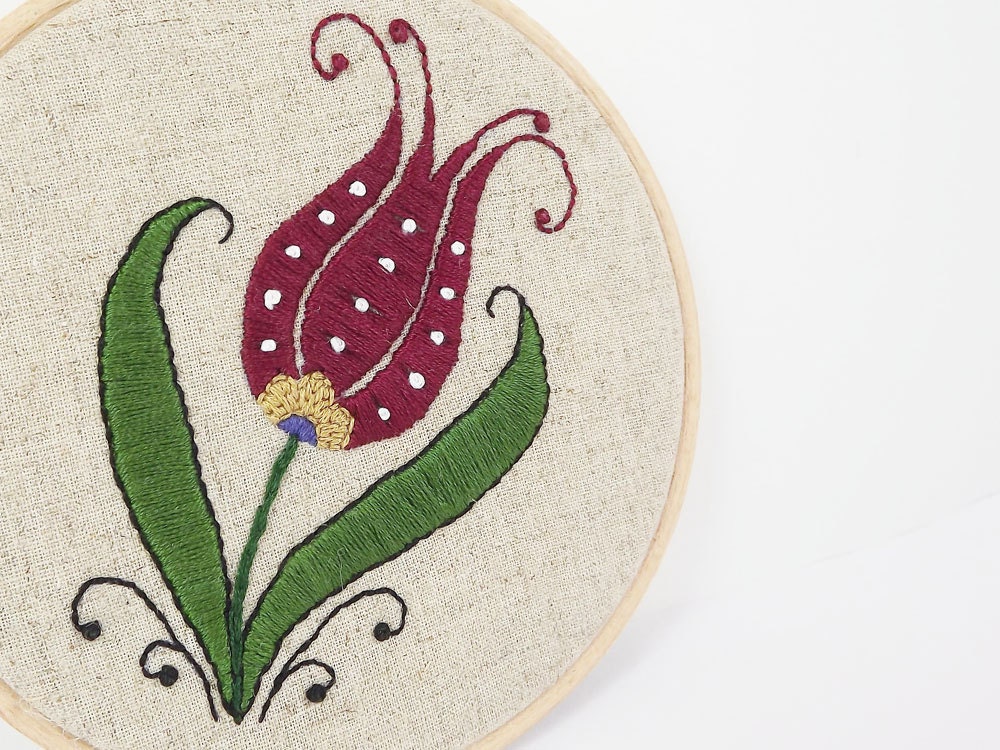 Embroidery Hoop Art - Turkish Tulip Wall Hanging - Wall Art - Wine Red - Green - Yellow -  OOAK