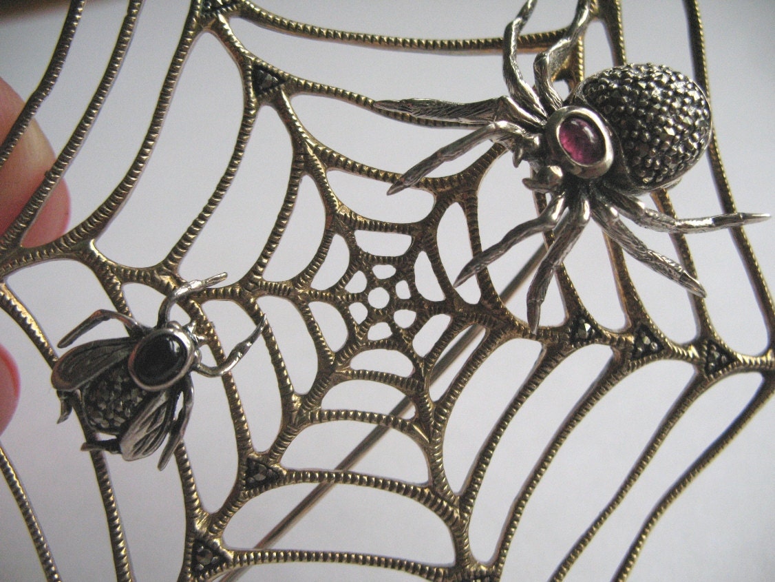 Reserved for Catherine - Sterling Spider, Web and Fly brooch with Marcasites and Gold Wash