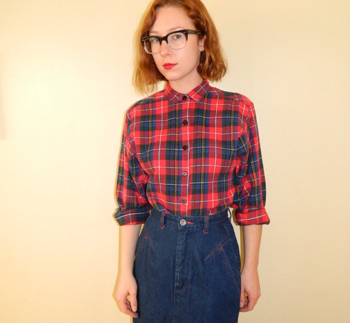 Plaid Flannel Shirt Plaid Blouse Red Medium