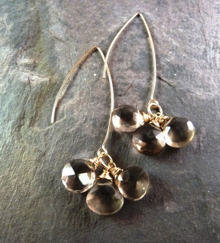 Smokey Quartz Briolette Trio on Long Hook Earwire Earrings