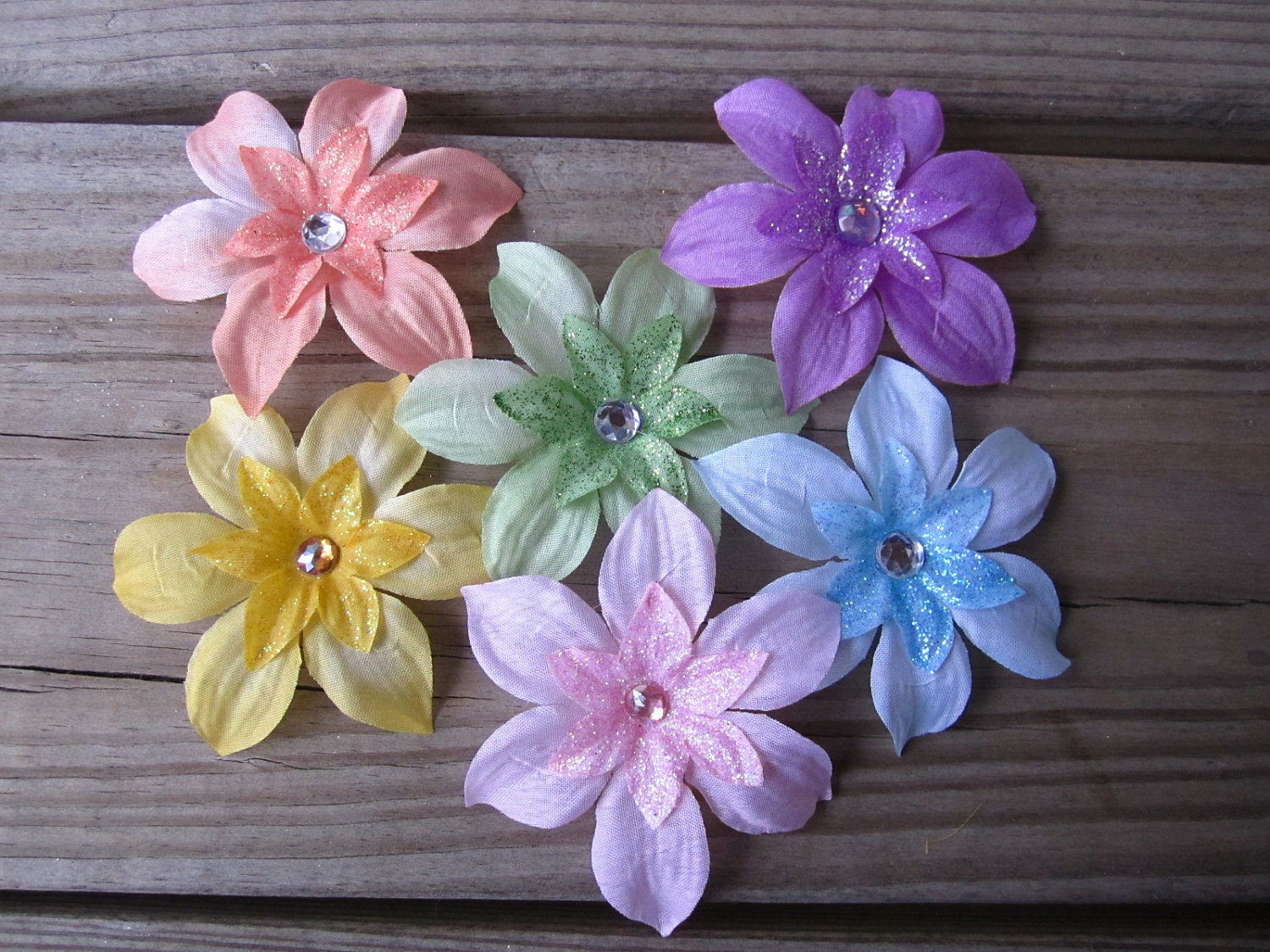 set of 6 flower hair clips Blue Yellow Green Pink Purple Peach