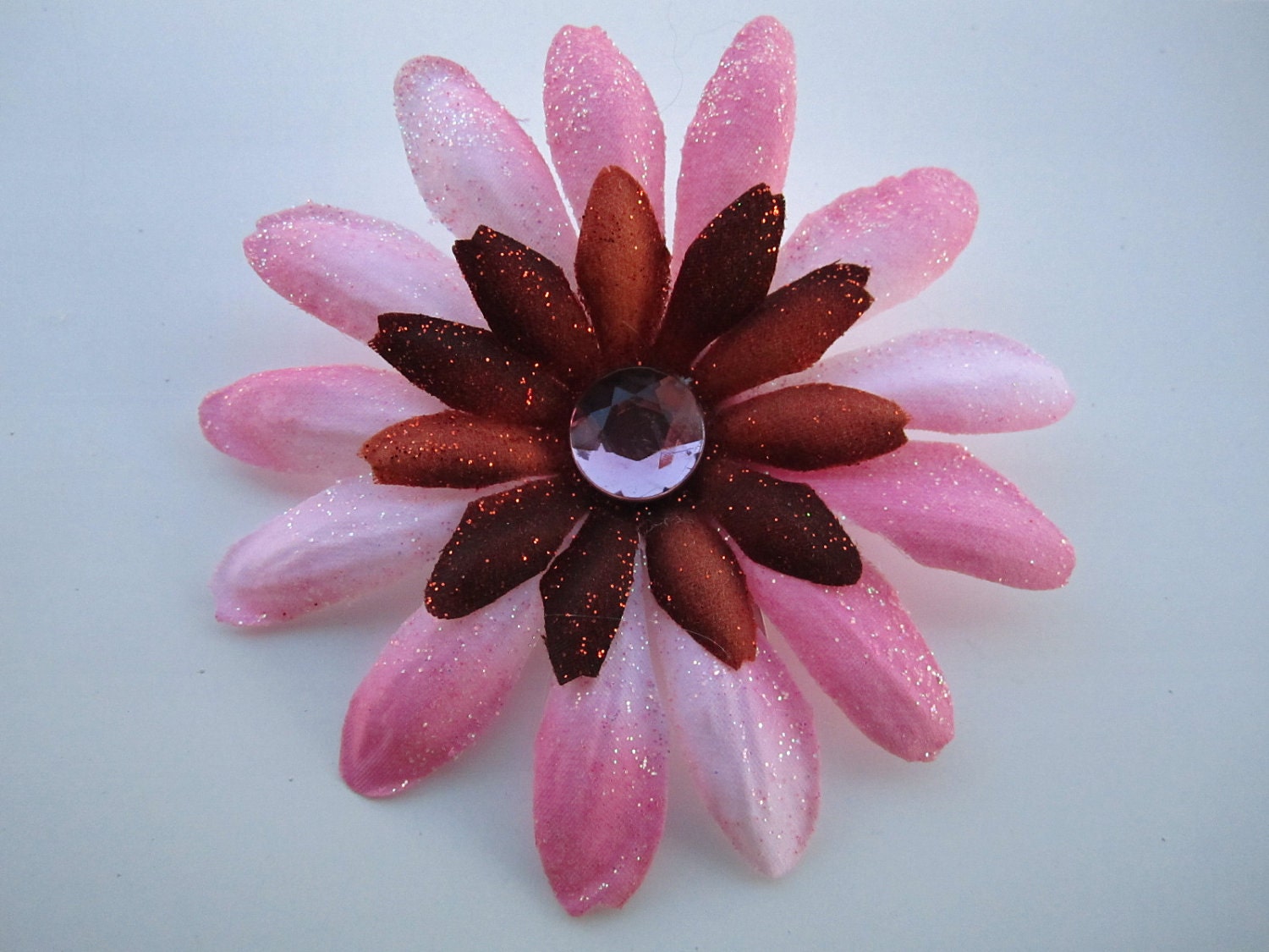 Pink and Brown glitter daisy flower hair clip