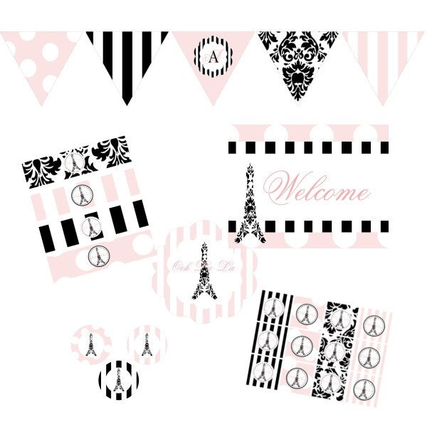 Paris Damask Decorations for Birthdays or Baby Showers - Girls Eiffel Tower DIY Printable Decor by BeeAndDaisy - Instant Download