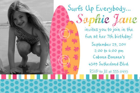 Surfer Girl Invitation for Birthday Party or Baby Shower - DIY Girls Surf Board Printable Photo Invite by BeeAndDaisy Il_570xn