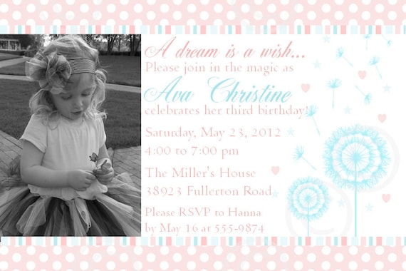Wishing Flower Printable Photo Invitation for Birthday Party Baby Shower DIY Invite by BeeAndDaisy Wish Dream Il_570xn
