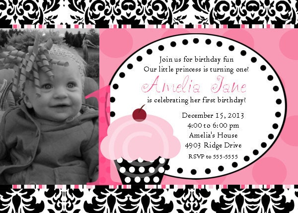 Cupcake Damask Printable Photo Invite for Birthday Party or Baby Shower DIY Girls Custom Invitation by BeeAndDaisy Il_570xn