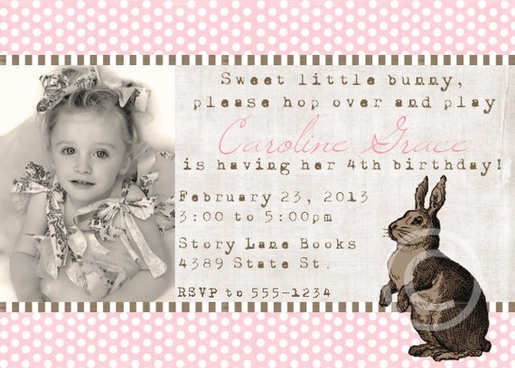 Vintage Bunny Printable Invitation for Birthday Party or Baby Shower - Girls DIY Photo Invite by BeeAndDaisy Il_570xn