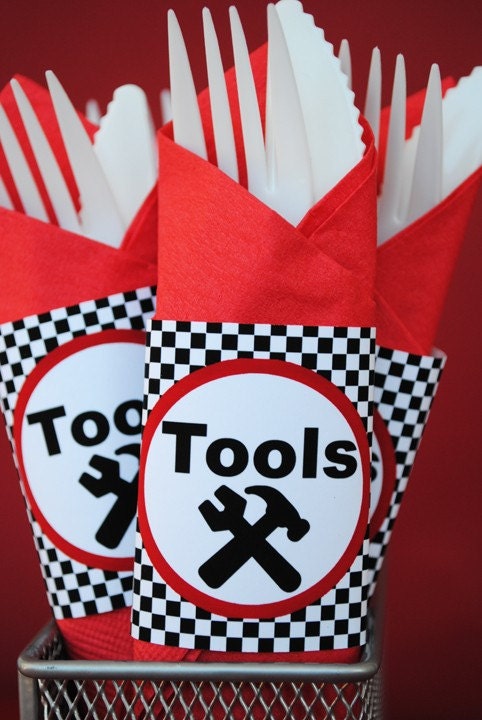 Race Car Party Napkin Wraps - Black and Red Collection - Gwynn Wasson Designs PRINTABLES