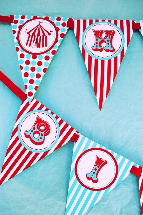 Carnival Circus Happy Birthday Banner - As Seen On AMY ATLAS - Aqua and Red Collection - Gwynn Wasson Designs PRINTABLES