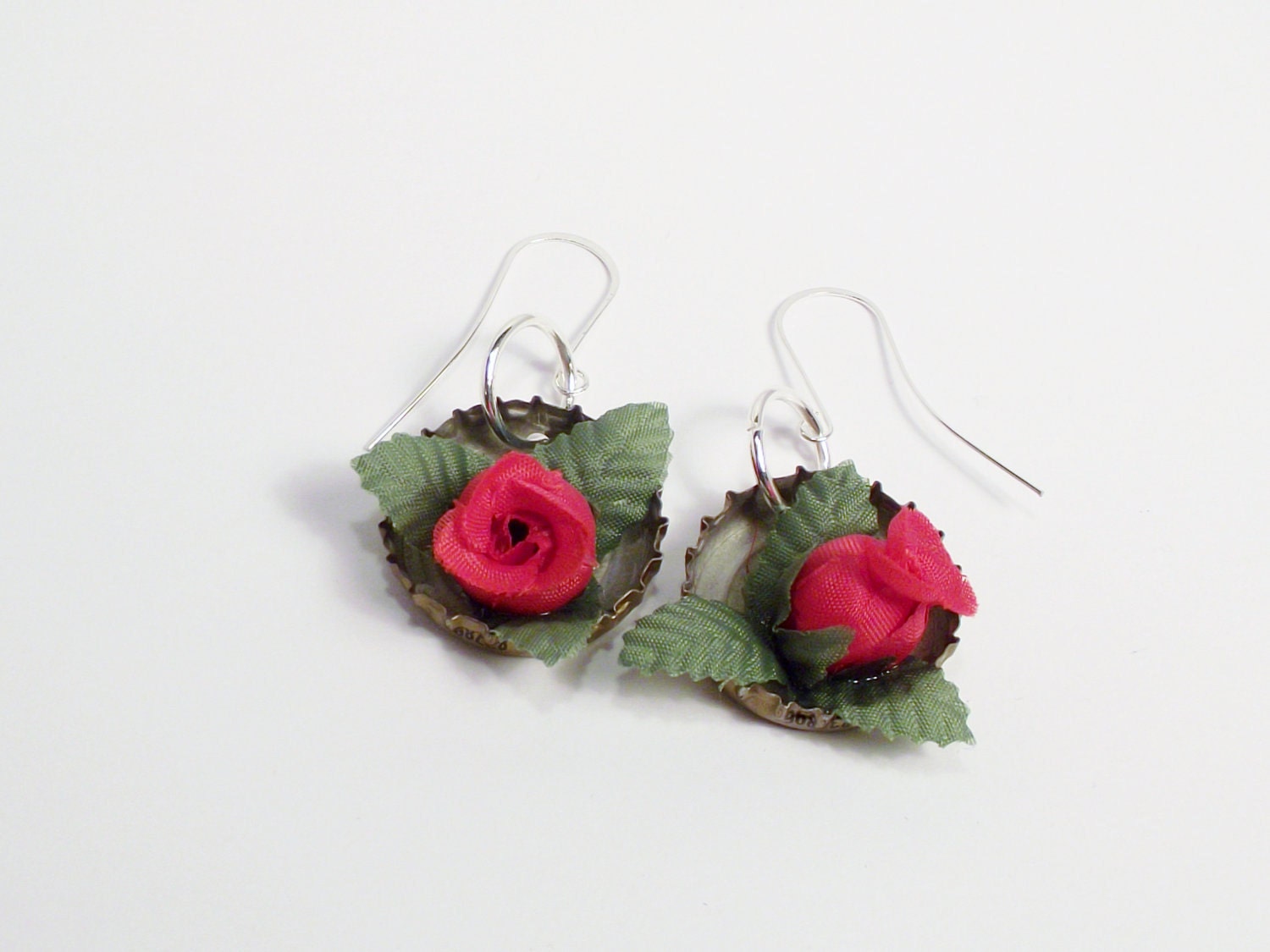 Bottle Cap Dangle Earrings are filled with a Red Rose Womens Valentines Gift Ladies Earrings Hipster Upcycled Accessories