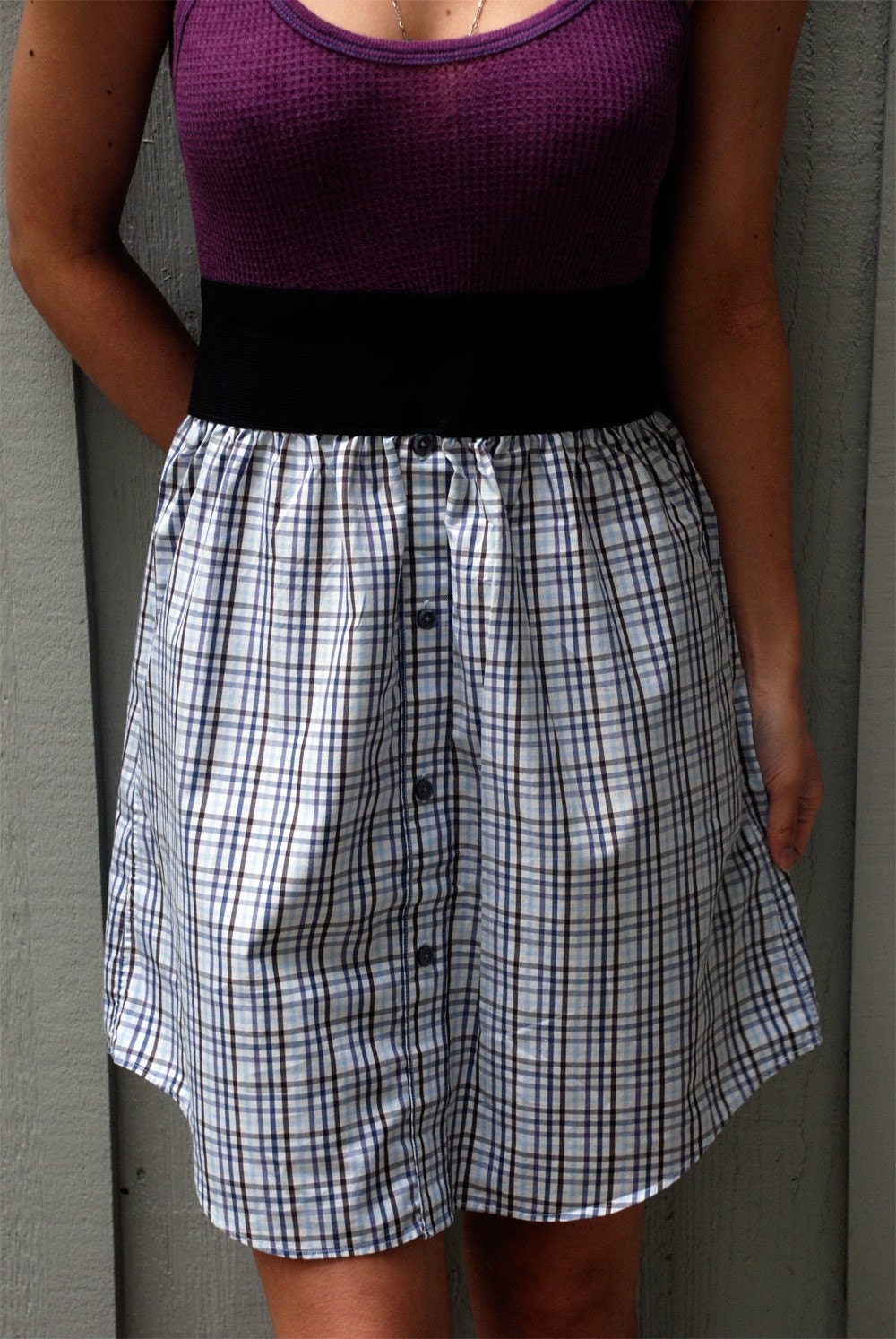 Upcycled dress made out of mens Club Monaco brown, blue and purple plaid 100 percent cotton dress shirt and purple waffle tank - It's a must have for summer. One of a kind.