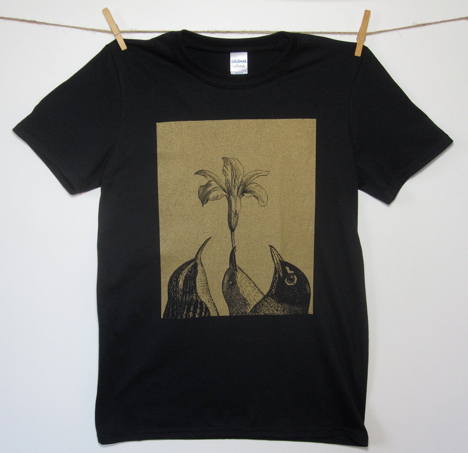 Flower Birds, Men's / Unisex Small, Medium, Large, X-Large, Black T-shirt