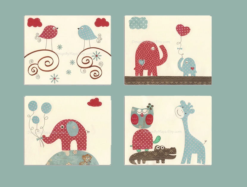 Nursery print,  Baby Room Decor, red and blue, Love Birds, red elephant, giraffe, turtle...set of 4 8x10 prints