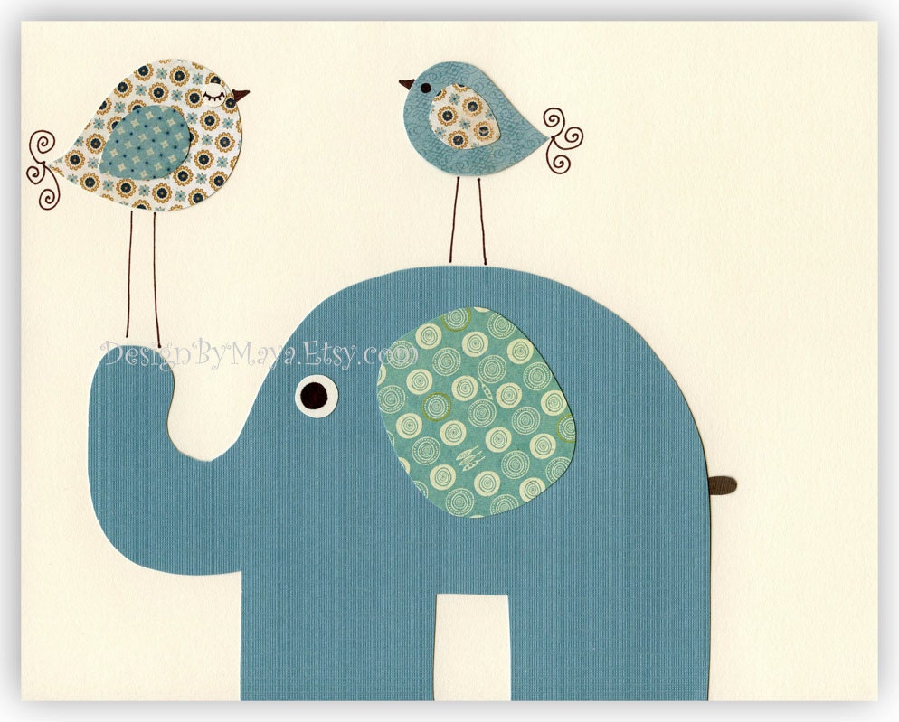 Nursery print Baby Room Decor Birds elephant...BIG blue elephant.