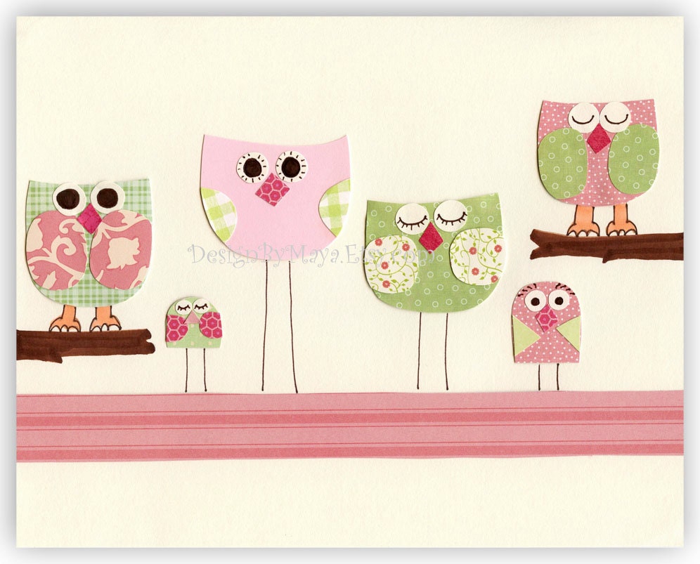 Baby girl Nursery, Children Art print, Owl..Life is Beautiful pink and green
