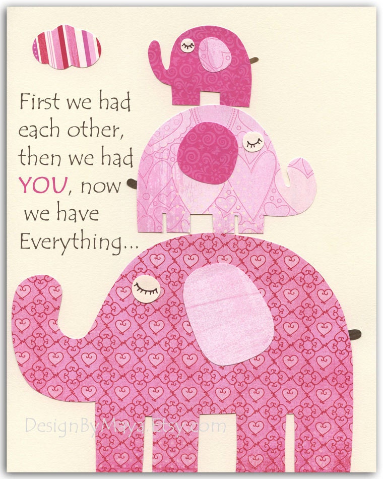 Baby girl nursery, Kids room Print, Nursery wall Art Decor, elephant...First we had each other..pink elephant