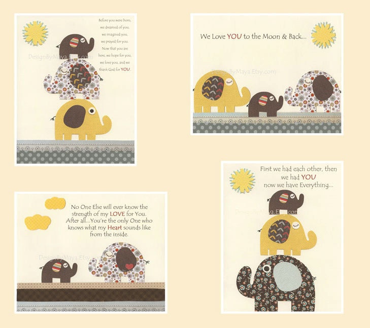 Nursery art decor, nursery elephant decor, baby elephant wall art // Brown yellow gray cream // Elephant nursery set of 4 8x10 prints