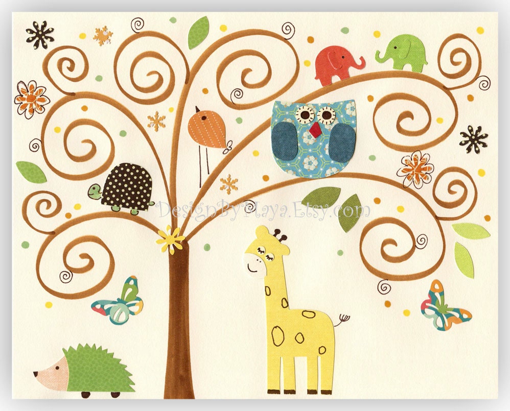 Baby room, Kids Room Decor, Nursery Art,giraffe, hedehog.. Safari Tree