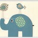 Nursery print Baby Room Decor Birds elephant...BIG blue elephant.