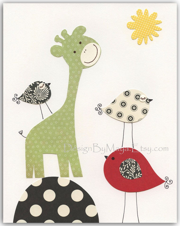 Baby Room art, wall art Decor, Children Art print, green, red, black and white...ABC match to the colors of Starling Bird Fabric by Carousel