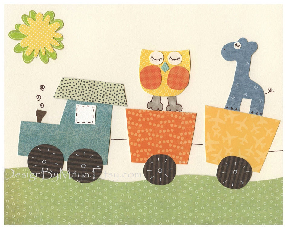 Boy Nursery Decor, Boy Nursery Wall Art, Wall Art Baby Decore, set 3 8x10, Train Nursery, Owl, Elephant, Giraffe,Circus Friends Nursery