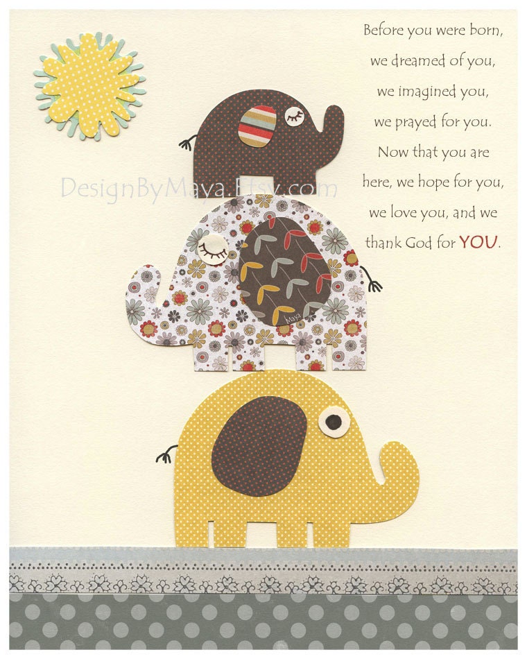 Nursery art decor, nursery elephant decor, baby elephant wall art // Brown yellow gray cream // Elephant nursery set of 4 8x10 prints