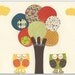 Nursery art print, play room art, baby room, BABY decor, baby owl under the tree, elephant, red, brown, teal, sage green, orange, twin boys