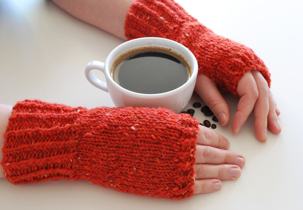 hand knit fingerless gloves - the coffee break hand knit fingerless mittens in tweed ginger red- mix of wool and angora