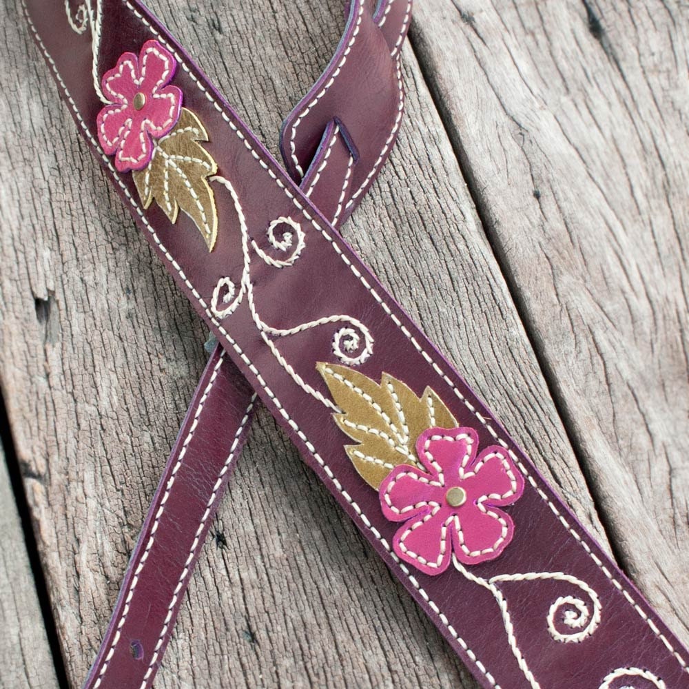 Hand Sewn Leather Guitar Strap in Dark Purple with Embroidered Flower