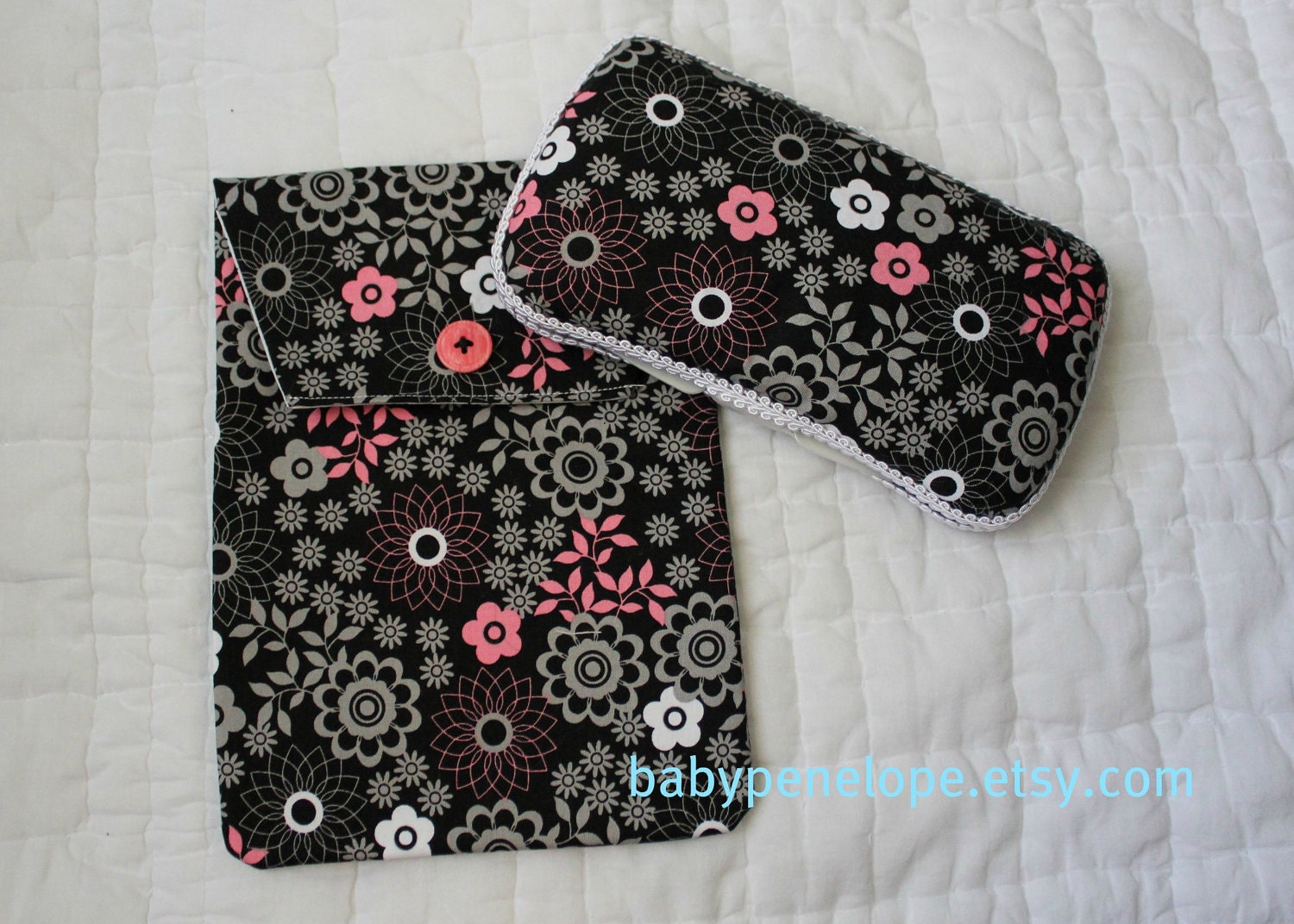 Boutique Style Travel Wipes Case and Diaper  Holder Set - Black/Gray/Pink Flowers
