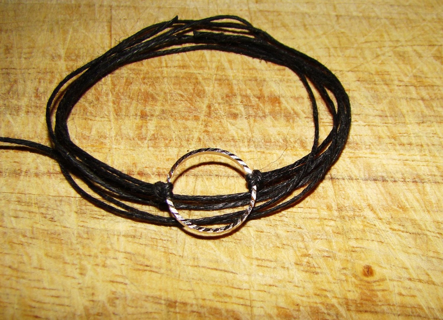 Eternity - Black Hemp Bracelet, Anklet or Necklace with a Silver Plated, Double Sided Hoop