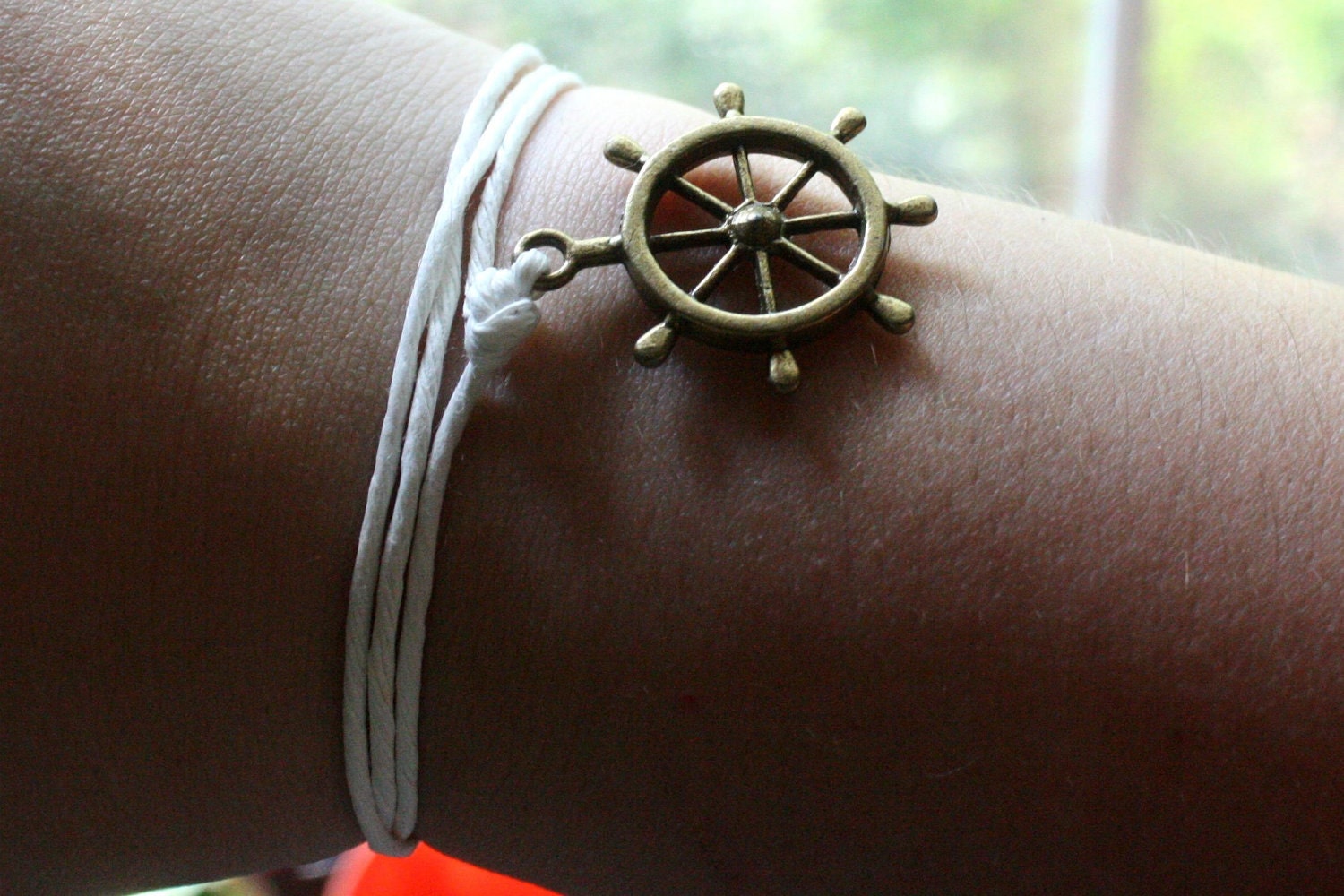 Dharma Wheel - White Romanian Hemp Bracelet, Anklet or Necklace with a Brass Metal, Double Sided Dharma Wheel