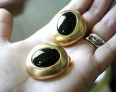 VINTAGE Metal Gold Bushed Plate and Black Plastic Centers 80s Glam Bold Clip On Earrings - Classy Elegant Style