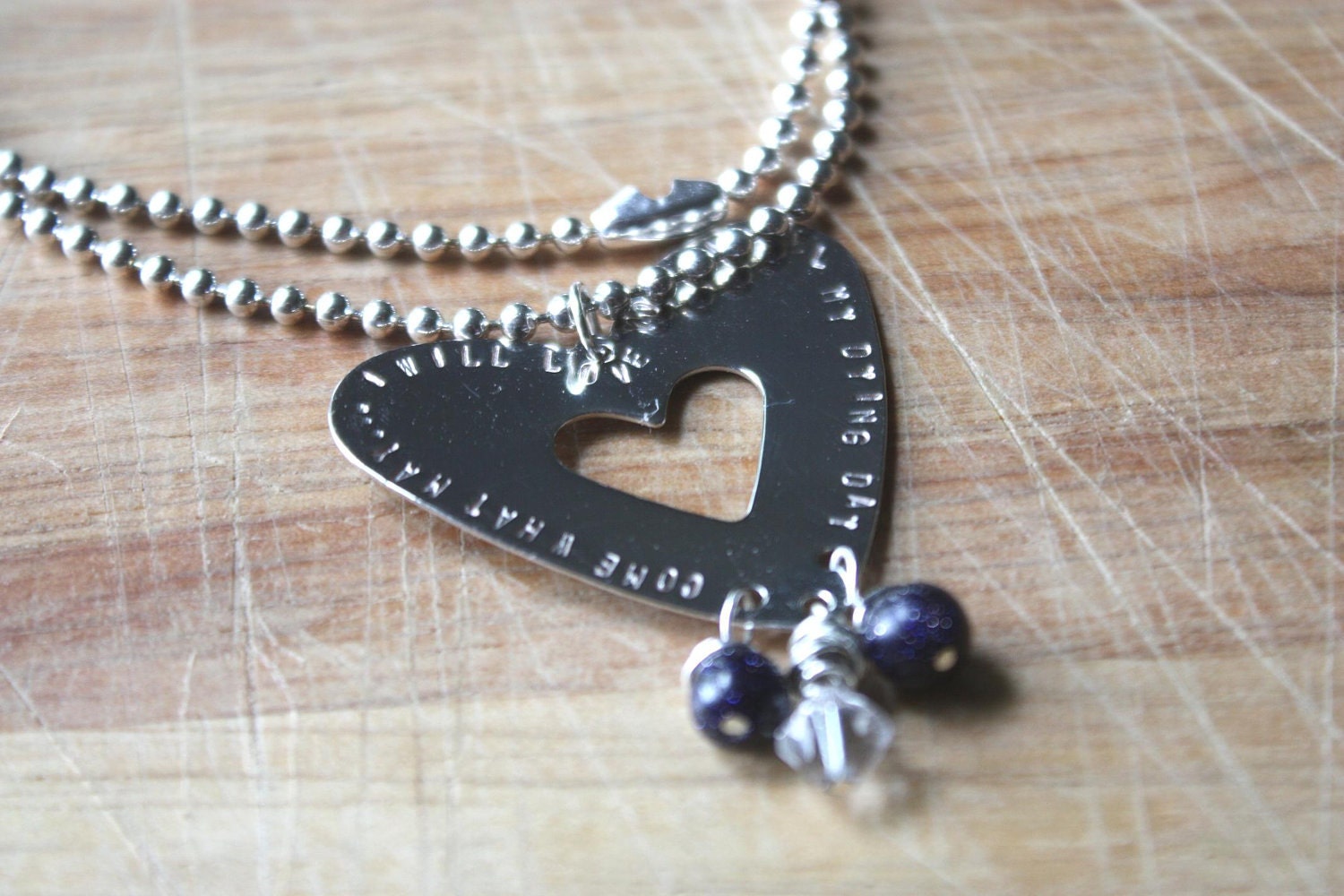 Handstamp Moulin Rouge Quote - Silver Heart Necklace, Swarovski Crystal and Gold Stones "Come What May I Will Love You Until My Dying Day"