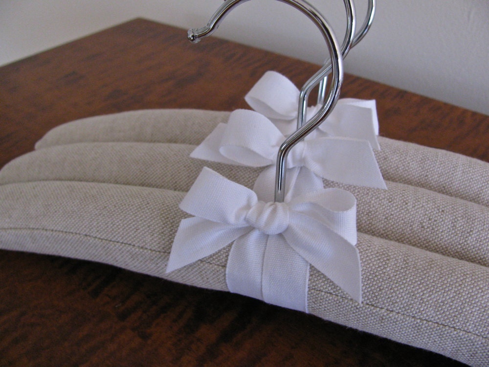 Natural Homespun Linen Baby Padded Hangers with White Cotton Organic Ribbon Accent (Set of 3)