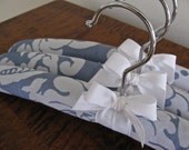 Light Blue and White Damask Padded Hangers with White Organic Ribbon Accent (Set of 3)