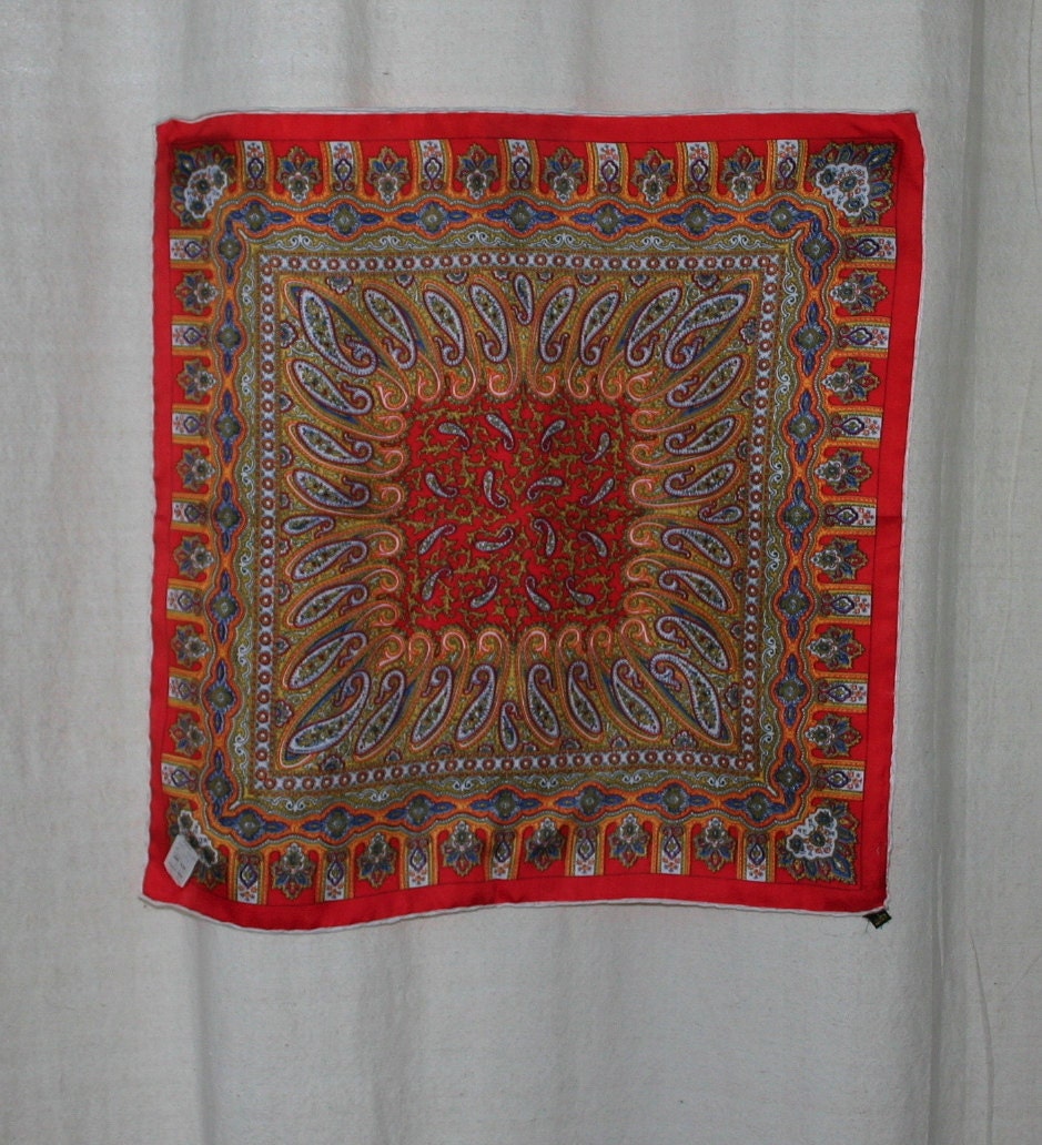 Foulard Silk Pocket Square Red with Paisely Print 18" X 18"