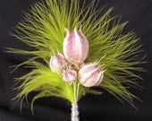 Love in a Mist Boutonniere - funky chartreuse and purple feathered groom or groomsman boutonniere, wire wrapped